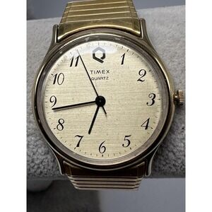 Timex Mens 1985 Q Watch New Battery 34MM 6.5" Stretch Band Gold Tone Vintage P90
